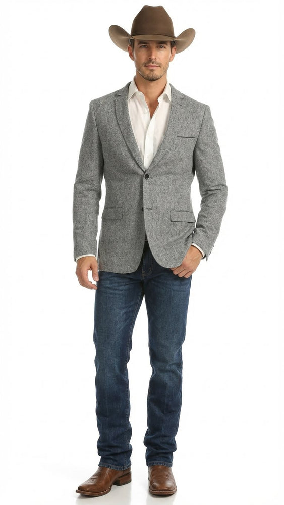Men's Grey Tweed Herringbone Western Blazer Jacket  Style Look, Textured Formal Casual Sport Coat for Jeans