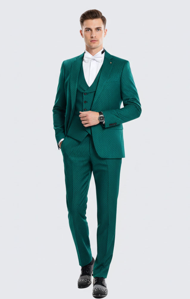 Men’s Emerald Green Textured 3-Piece Suit – Polk Dot Pattern Formal Wedding, Prom, and Evening Wear Outfit