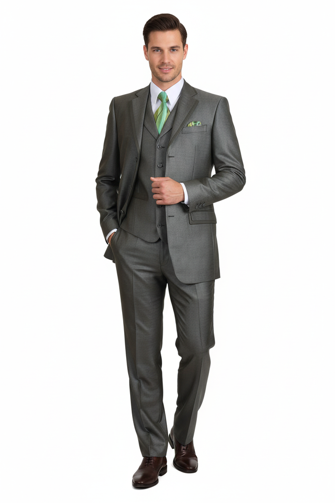 Men’s Olive Green 3-Piece Suit – Classic Fit with Vest and Tie Pleated Pants Three Buttons