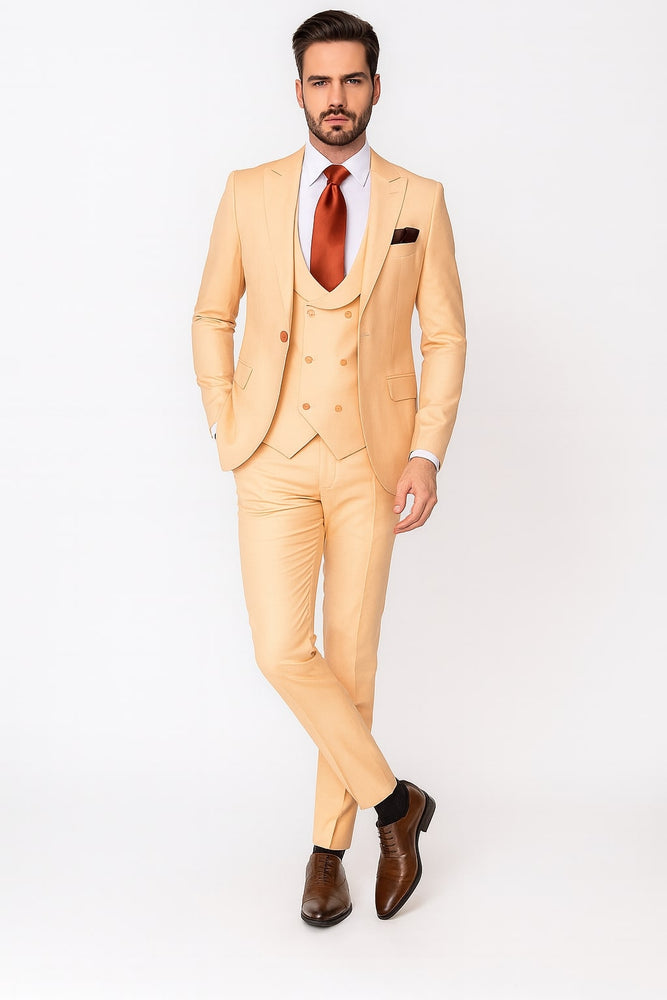 Mens Peach 3-Piece Suit – Double-Breasted Vest, Notch Lapel Blazer, Slim Fit Dress Pants