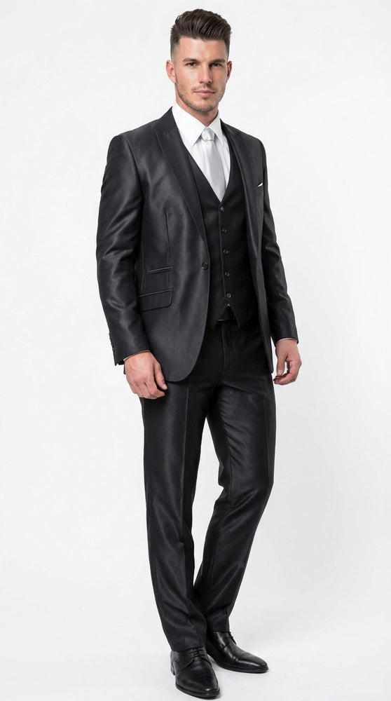 Men’s Black Three Piece Suit – Modern Fit 3PC Formal Suit with Vest for Wedding, Prom and Business Events Sharkskin Shiny Fabric