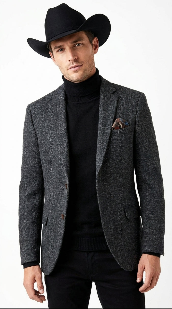 Men’s Charcoal Grey Herringbone Western Winter Blazer – Cowboy Sport Coat Jacket