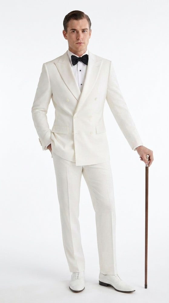 Men’s Ivory Double-Breasted Tuxedo – Vintage Wedding, Prom and Black-Tie Formal Suit off white cream