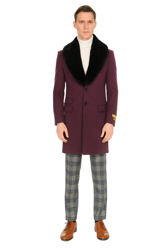 Mens Purple Wool Overcoat with Black Faux Fur Collar – Luxury Winter Dress Coats for Formal and Casual Wears