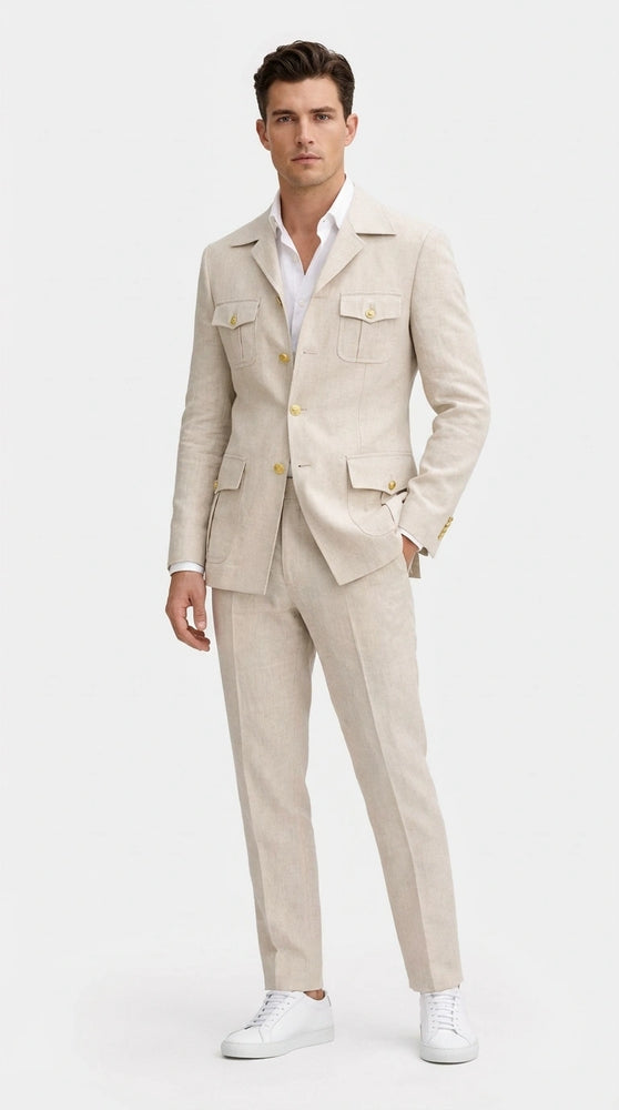 Mens Tan Beige Safari Military Walking Suit Set – Casual Two Piece Outfit Lightweight Summer Blazer and Pants Set Classic Casual Wear