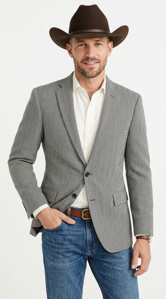 Men’s Light Grey & Black Herringbone Western Blazer – Cowboy Sport Coat Jacket