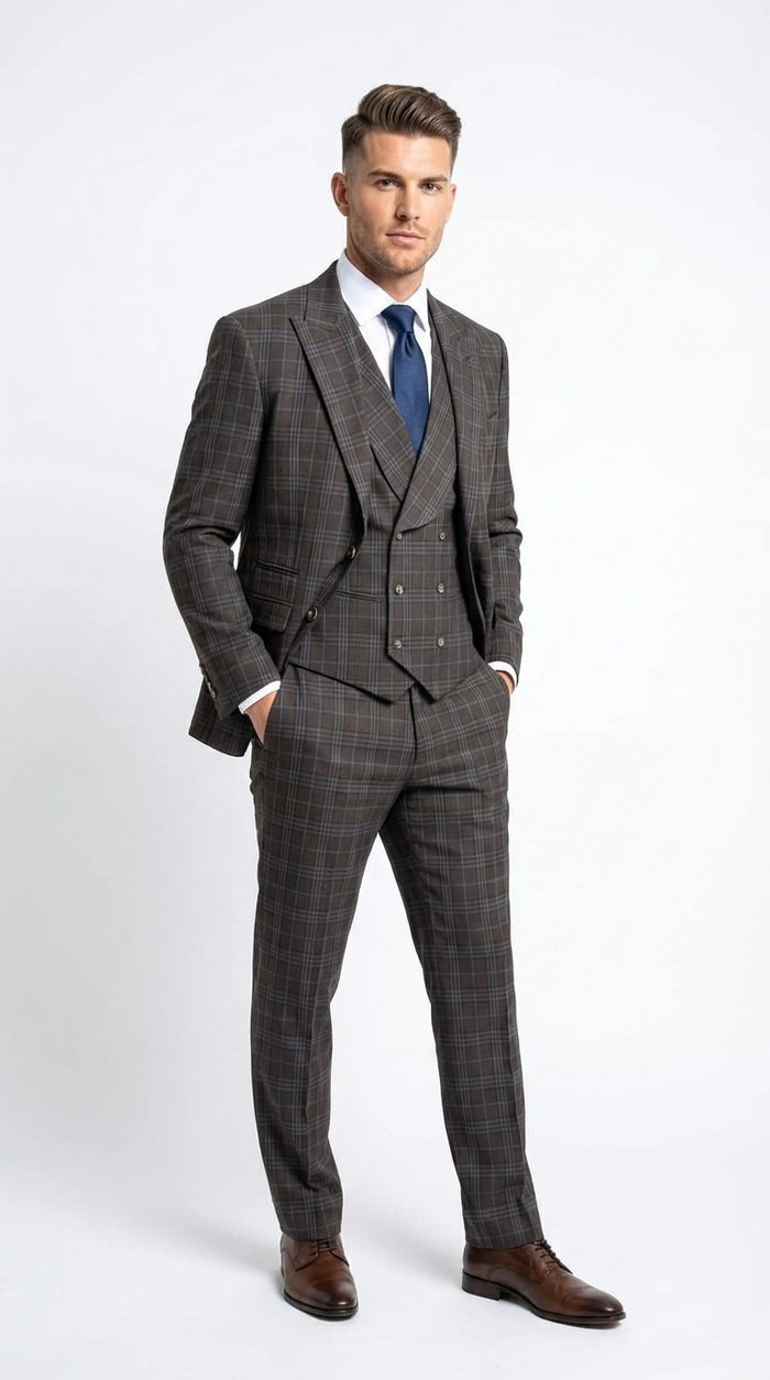 Vitali Men’s Brown Grey with blue Check 3 Piece Suit – Classic Plaid Formal Suit Set with Blazer, Vest & Trousers, Business Wedding Party Wear for Men Modern Fit