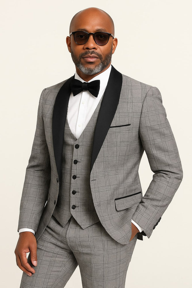 Men's Black and White Plaid Tuxedo – 3 Piece Suit with Black Velvet Shawl Lapel - Gray Glein Tartan Pattern Wedding Suit