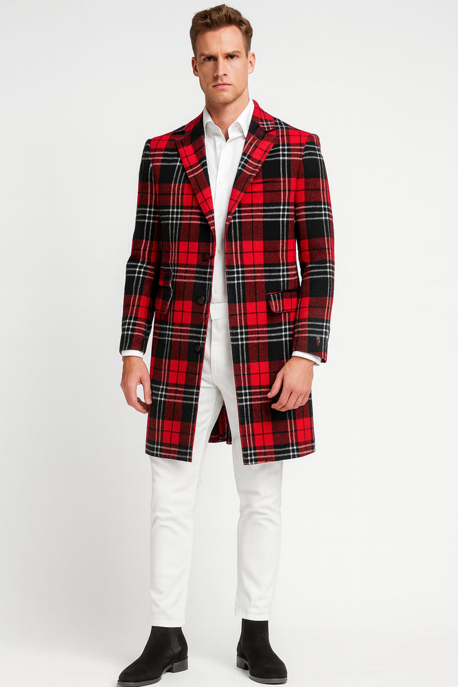 Men’s Red Plaid Wool Overcoat – Classic Tartan Check Long Coat for Stylish Winter Wear