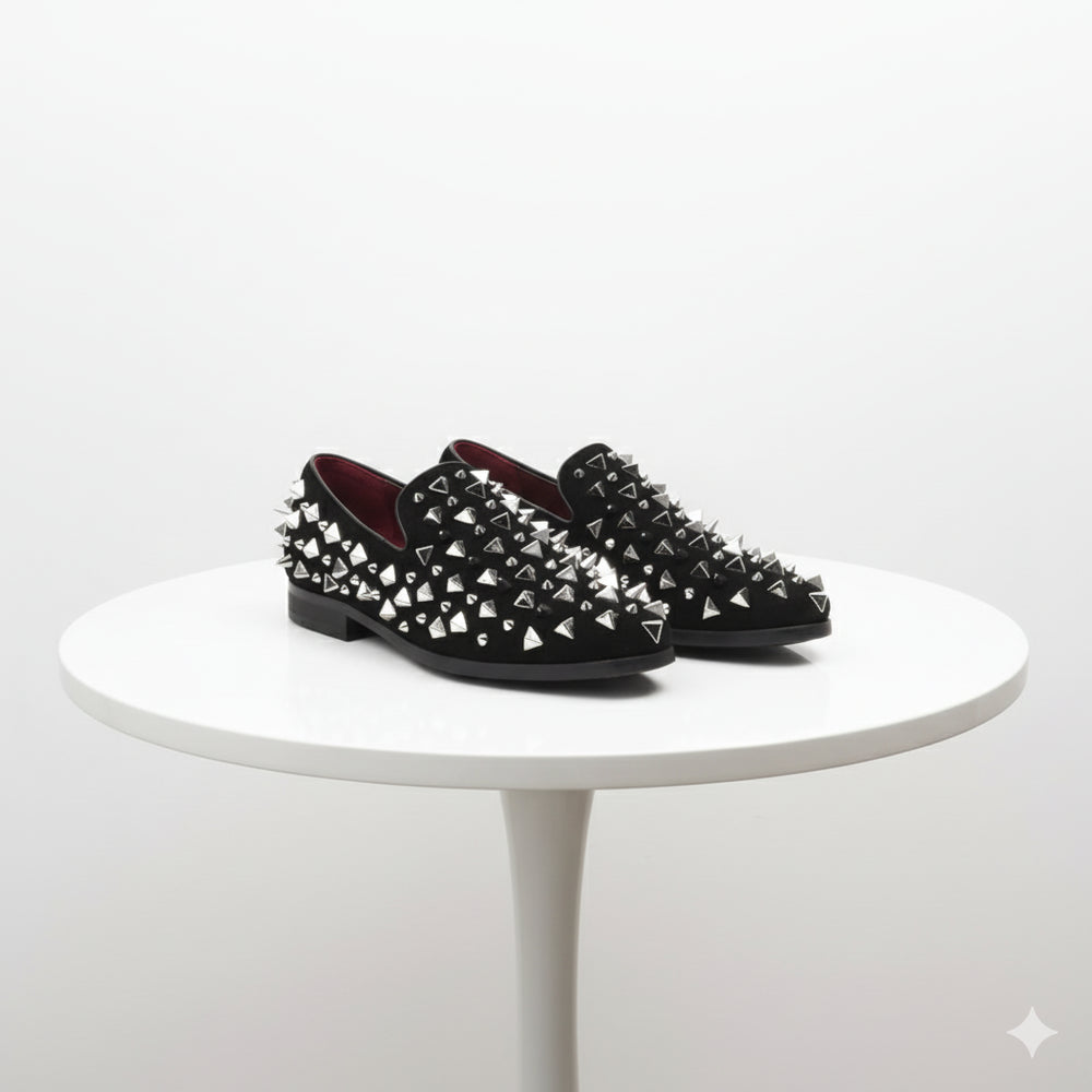 Men’s Black Studded Loafers with Silver Spikes – Luxury Slip-On Dress Shoes for Parties and Formal Events