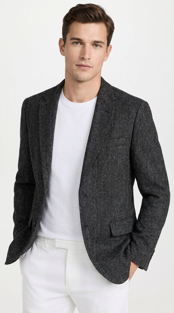 Men’s Charcoal Herringbone Tweed Sport Coat – Classic Textured Wool-Style Blazer