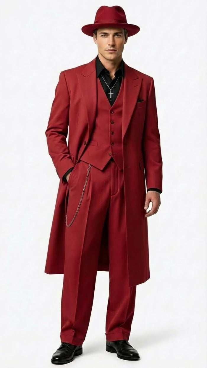 Men’s 1920s Burgundy Zoot Suit – Long Mafia Gangster Three-Piece Vintage Outfit Zuit Pachuco Style