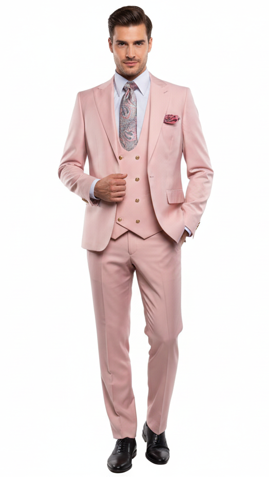 Men’s Blush Pink and Gold Three-Piece Suit – Tailored Fit Formal Wedding, Vested Suit By Rossiman
