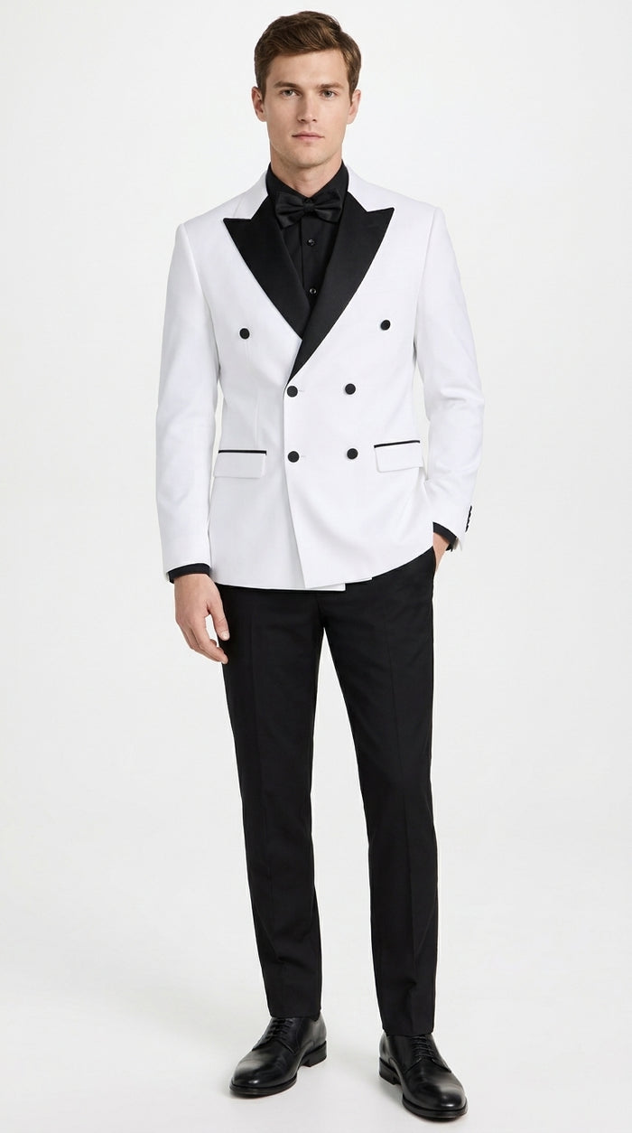 Men's White Double Breasted Tuxedo Dinner Jacket – Black Satin Peak Lapel Formal Wedding, Prom & Party Blazer