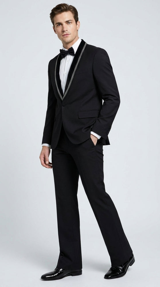 Men’s 1970s Style Black Boot Cut Tuxedo Suit – Shawl Lapel Wedding, Prom and Formal 2-Piece Suit