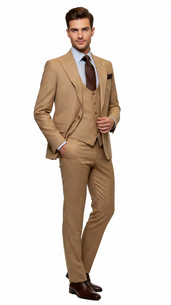 Men's Tan Three-Piece Suit with Vest – Classic Tailored Fit  in camel khaki Bronze color By Rossiman