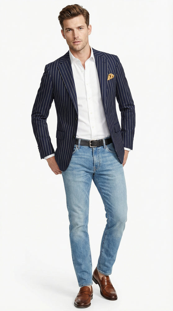 Mens Navy Blue Pinstripe Blazer – Classic Tailored Formal Jacket for Business, Office and Smart Casual Wear