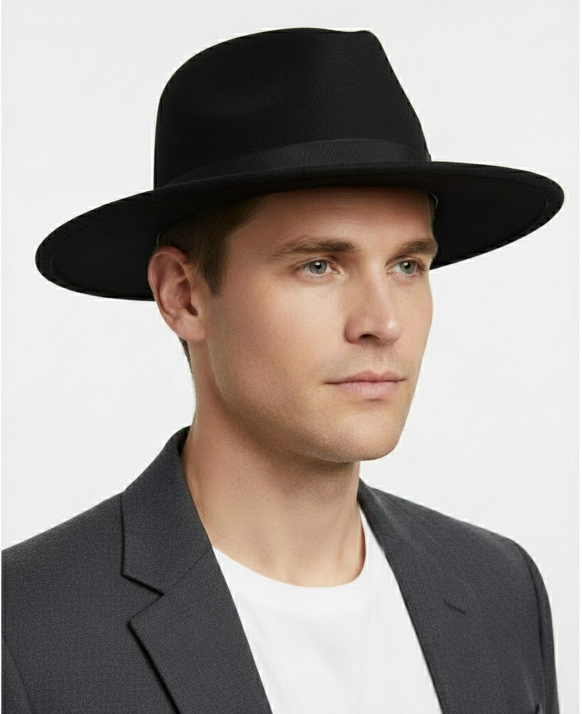 Men’s Black Wide Brim Fedora Hat – Classic Wool Felt Dress Hat with Matching Black Band
