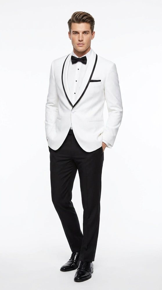 Men’s White Tuxedo Jacket – Black Trim Shawl Lapel Formal Dinner Blazer for Weddings, Prom Wedding Blazer Modern fit