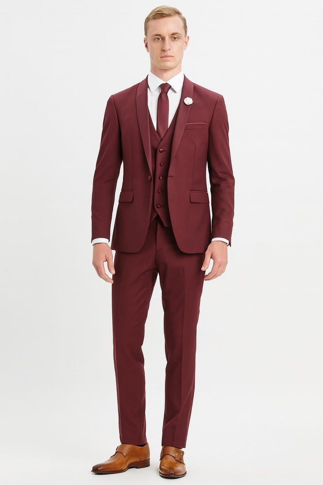 Mens 3-Piece Burgundy Slim Fit Suit with Vest – Wedding, Prom and Formal Wear