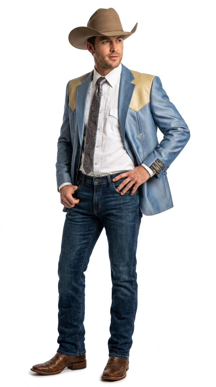 Men’s Steel - Light Blue and Off White Cream Color Western Cowboy Blazer – Shiny Country Style Dress Jacket for Rodeo Saco De Hombre Vaquero