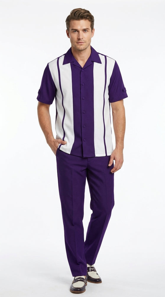 Men’s Purple and White Walking Suit – 2-Piece Short Sleeve Casual Leisure Outfit