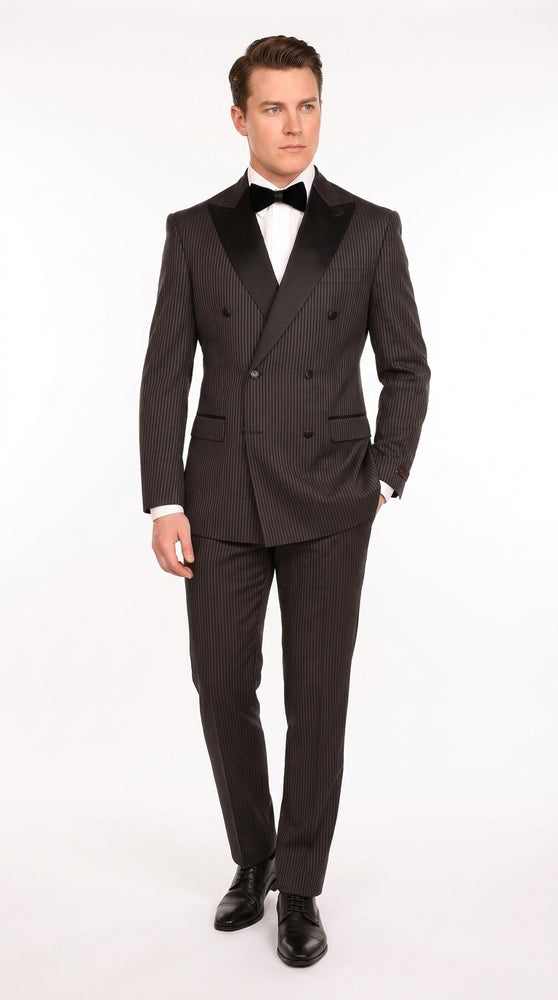 Men’s Black Shadow Pinstripe Double-Breasted Tuxedo Tone on Tone Formal Wedding  Suit Modern Fit 1920s Style
