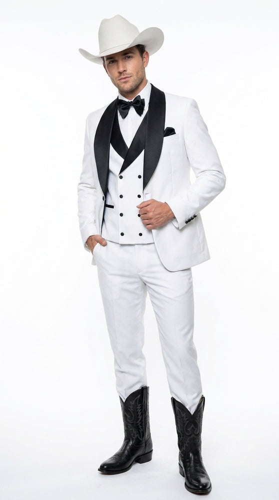 Men’s White and Black Western Wedding Tuxedo – Cowboy Style 3-Piece Traje para Boda with Double-Breasted Vest
