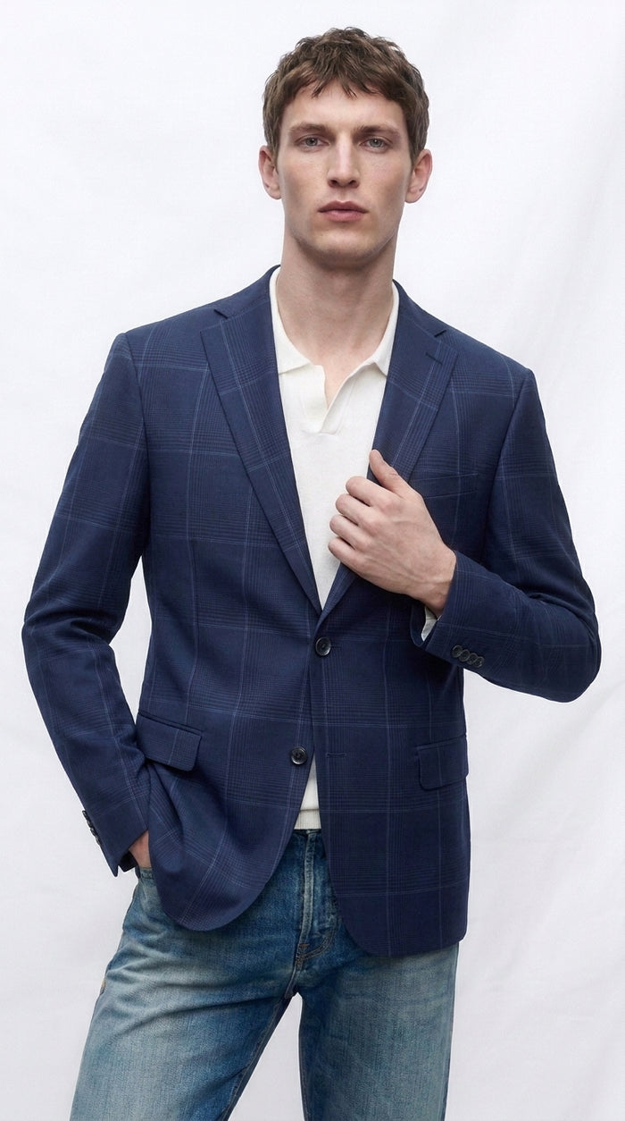 Men’s Navy Blue Plaid Wool Blazer – English Style Textured Wool Winter Sport Coat  Windowpane pattern