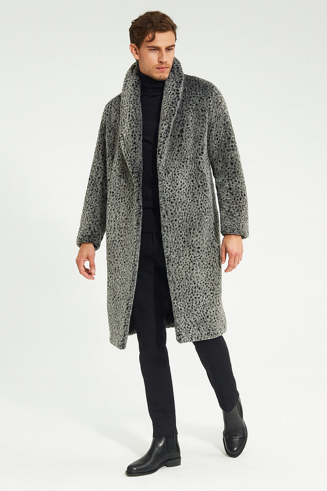 Men’s Luxury Long Grey Faux Fur Coat – Winter Overcoat with Animal Print Design