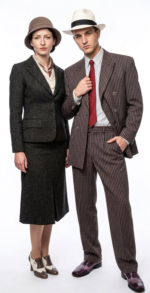 Men’s Brown Pinstripe Bonnie and Clyde Costume Suit – Vintage Gangster 1920s Outfit for Party, Halloween and Themed Events