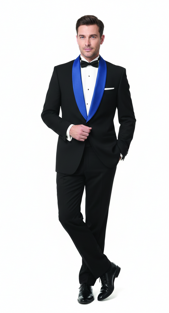 Men’s Black Tuxedo with Royal Blue Shawl Lapel | Modern Formal Dinner Jacket Suit + Pants for Weddings, Proms