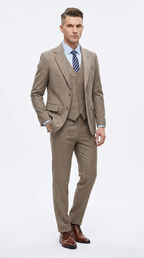 Men’s Taupe Olivish Tan 3-Piece Suit – Elegant Tan Wedding, Business & Formal Suit with Vest