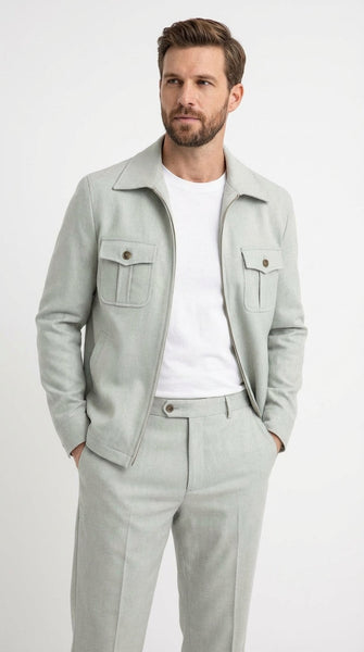 Mens Sage Green Walking Suit Set – Casual Safari Military Jacket and Pants Outfit for Travel