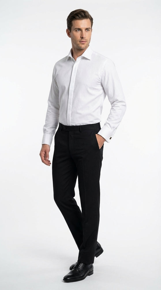 Mens White Herringbone Shadow and Tone on Tone Dress Shirt – Classic Formal Wedding