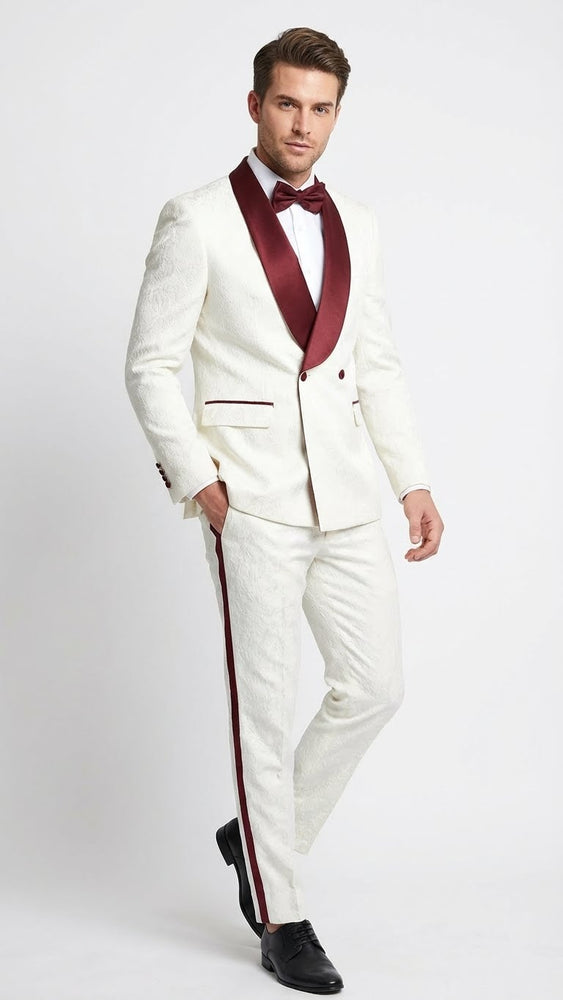 Men’s Ivory and Burgundy Jacquard Tuxedo Suit – Luxury Slim Fit 3-Piece Formal Wedding, Prom, and Gala Outfit in Cream Off White Color