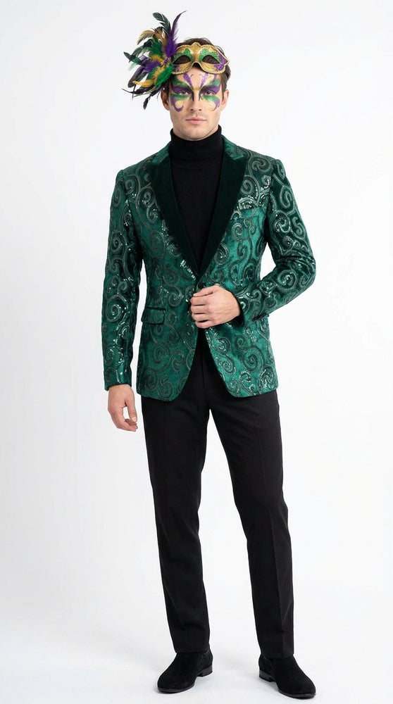Mens Emerald Green Mardi Gras Blazer with Black Satin Lapel – Paisley Swirl Pattern Formal Party Jacket