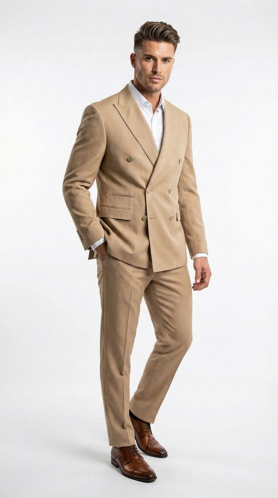 Vitali Brand Men’s Beige Double Breasted Suit – Classic Wedding, Prom & Party Wear Formal Outfit Khaki Camel Color