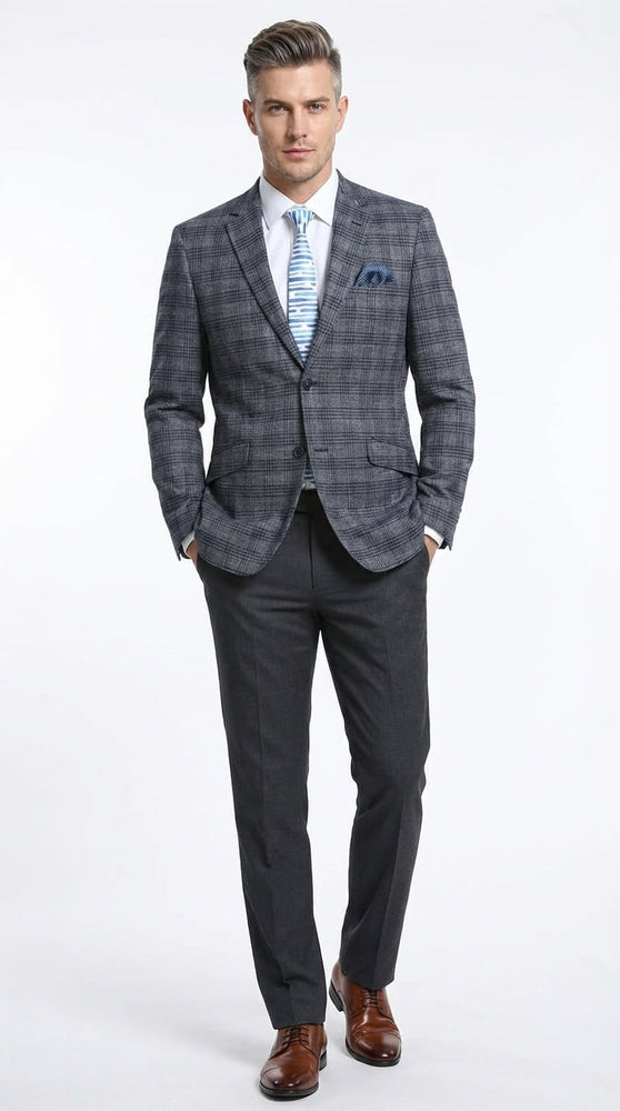 Mens Charcoal Gray with Blue Plaid Pattern Blazer Jacket – Classic Check Pattern Sport Coat for Business, Office, and Smart Casual Wear