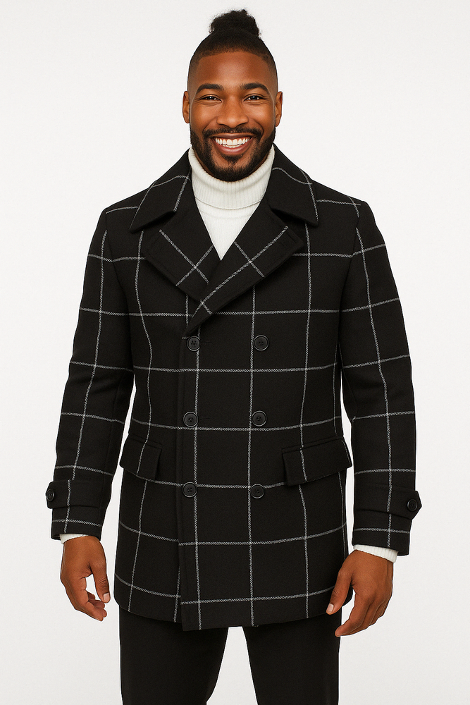 Black Plaid Overcoat - Topcoat With WindowPane Pattern Double Breasted Style