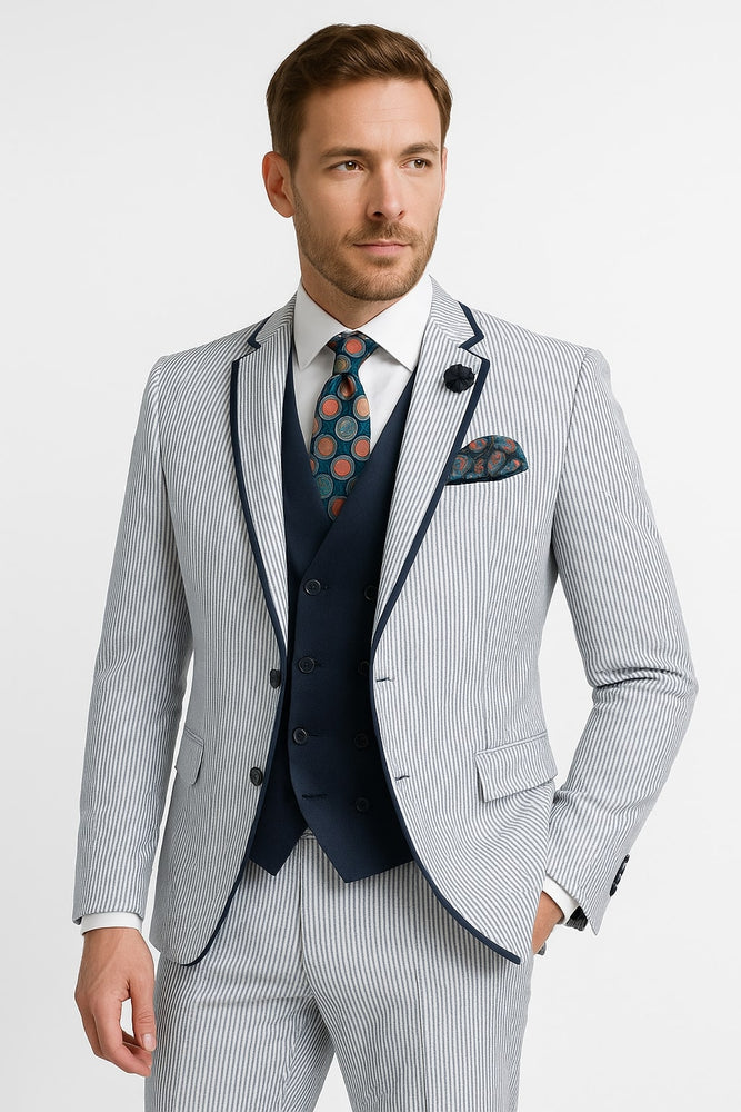 Men's White and Navy Pinstripe Suit with Contrast Trim – 3-Piece Seersucker Style Set for Weddings and Summer Events
