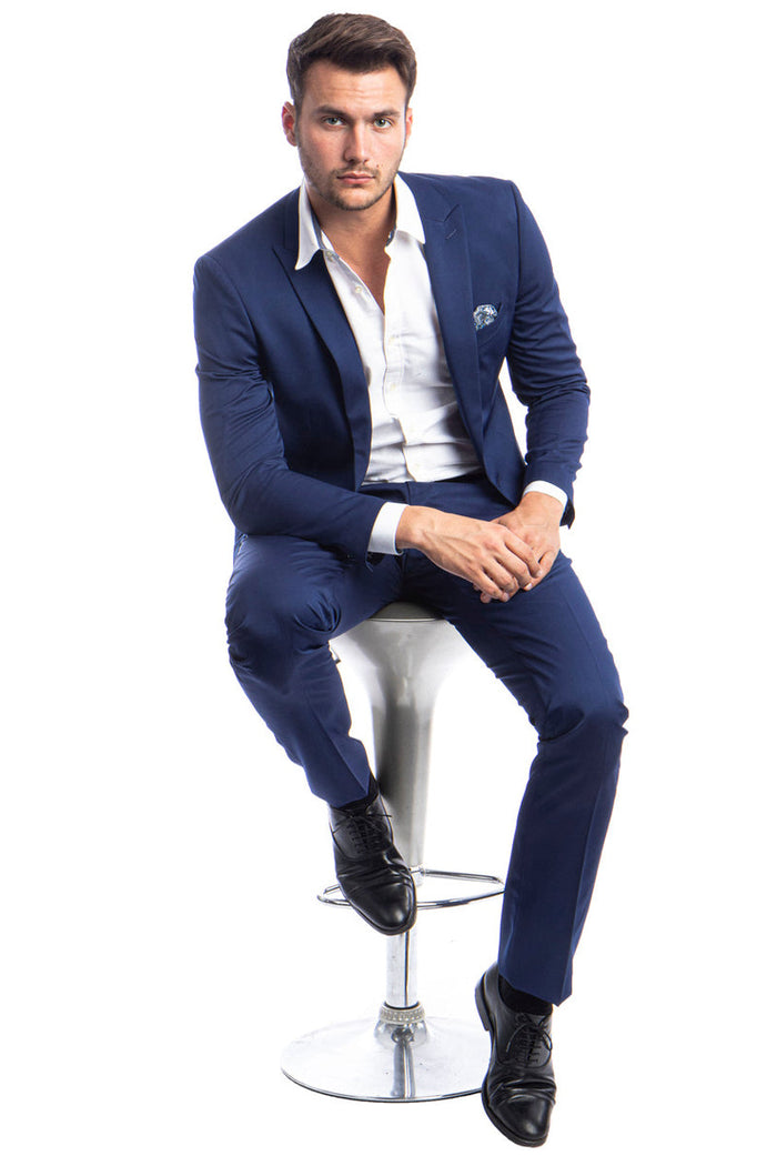 Men's Slim Fit Dark Blue Suit with One Button Peak Lapel