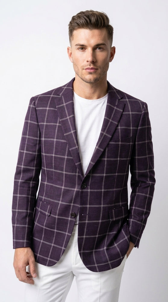 Men's Purple Windowpane Sport Coat – Classic Fit Plaid Blazer Jacket for Business, Wedding & Casual Wear