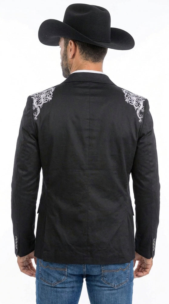 Men’s Black & White Western Blazer – Cowboy Sport Coat with Embroidered Shoulder & Back Design