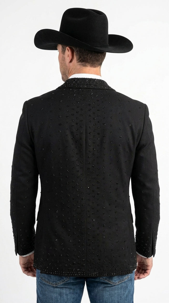 Men’s Black Western Blazer – Cowboy Tuxedo Jacket with Studded Shawl Collar with Glitter Lapel Rhinestone Lapel