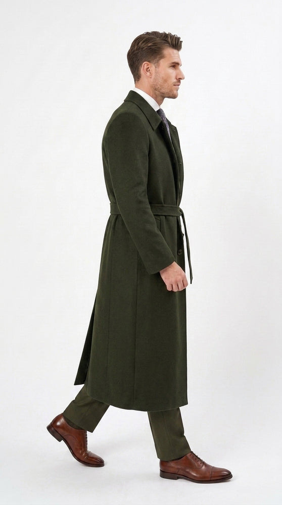 Men’s Blade Runner K Inspired Olive Green Wool Duster Coat – Long Vintage Sci-Fi Overcoat