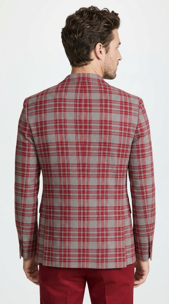 Men’s Red Tartan Plaid Blazer Checkered Sport Coat Holiday New Year  Gray Windowpane