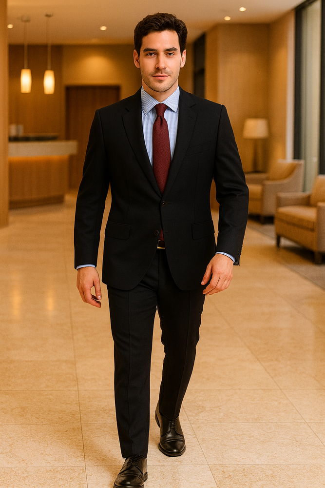 2 BUTTON SOLID COLOR BLACK Men's SUIT Side VENT BACK JACKET STYLE WITH 1 PLEATED PANTS