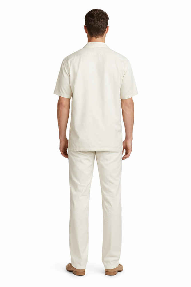 2 Pieces Mens Casual Solid Color Mens Linen Suit - Shirt and Pants Set Casual Two Piece Mens Walking Outfit For Sale Pant Sets suits casual two piece sets