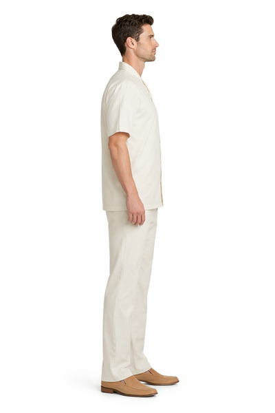 2 Pieces Mens Casual Solid Color Mens Linen Suit - Shirt and Pants Set Casual Two Piece Mens Walking Outfit For Sale Pant Sets suits casual two piece sets
